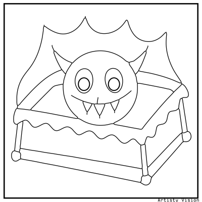 Monster coloring page featuring a monster peeking from under a bed. Halloween coloring page