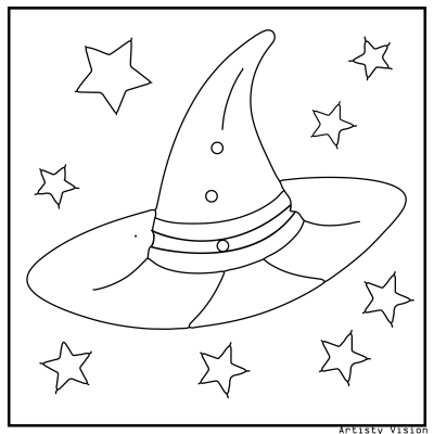 Witch hat coloring page with a magical witch hat surrounded by stars. Halloween coloring page