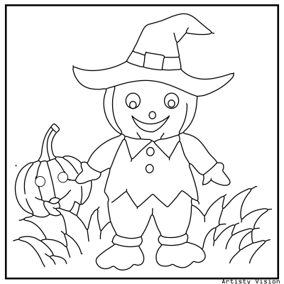 Scarecrow Halloween coloring page in a pumpkin field.