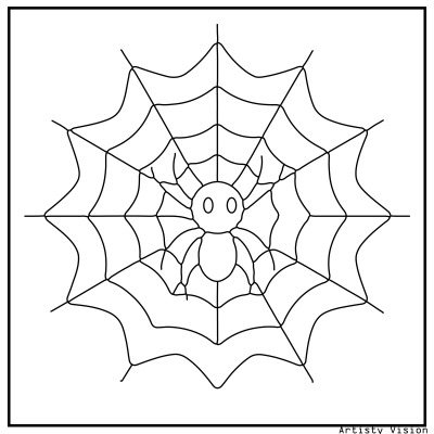 Spider web coloring page with a spider in the center of its web. Halloween coloring page