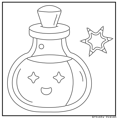 Potion shelf coloring page with magical potion bottles and jars. Halloween coloring page