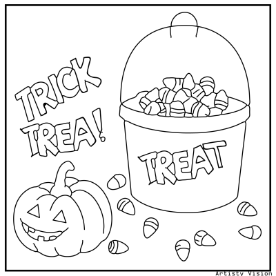 Trick-or-treat candy coloring page with sweets spilling from a bucket. Halloween coloring page