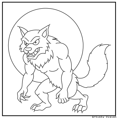 Werewolf coloring page with a werewolf howling at the full moon. Halloween coloring page