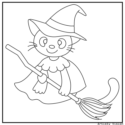 Black cat coloring page with a witch’s cat curled up on a broomstick. Halloween coloring page
