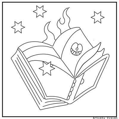 Magic spell book coloring page with glowing runes and symbols. Halloween coloring page