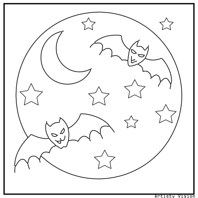 Bat coloring page with bats flying across a full moon. Halloween coloring page