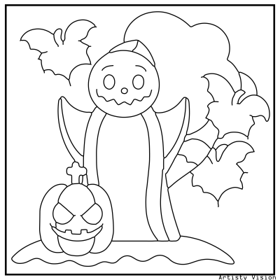 Graveyard statue coloring page with an angel covered in vines. Halloween coloring page