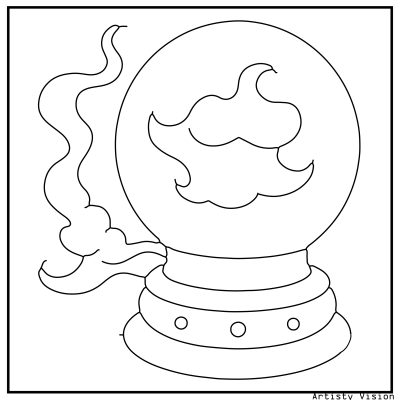 Crystal ball coloring page with a magical ball and swirling smoke. Halloween coloring page