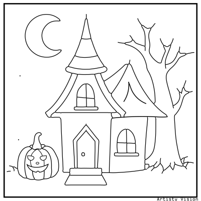 Witch cottage coloring page with a spooky house in the woods. Halloween coloring page