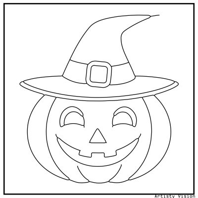 Jack-o’-lantern coloring page with a pumpkin wearing a witch hat. Halloween coloring page
