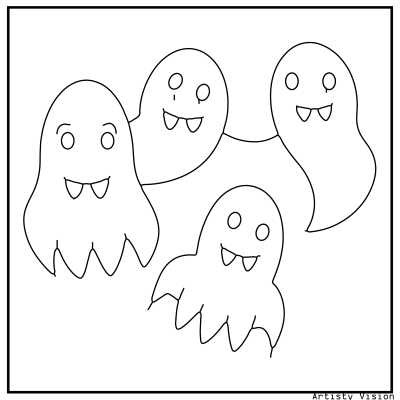 Friendly ghost coloring page with cute smiling ghosts waving. Halloween coloring page