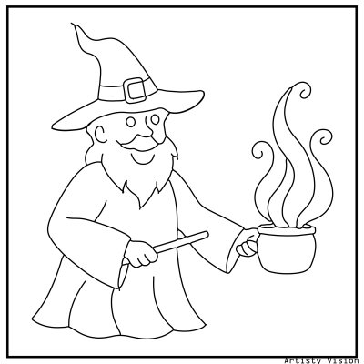 Wizard coloring page with a wizard casting a magical spell. Halloween coloring page