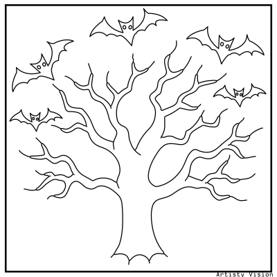 Spooky tree coloring pages with bats hanging from branches. Halloween coloring page