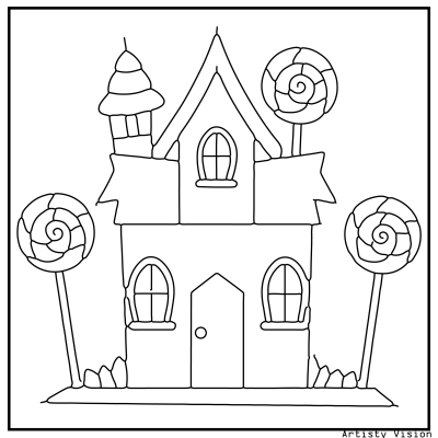 Halloween candy house coloring page decorated with lollipops. Halloween coloring page