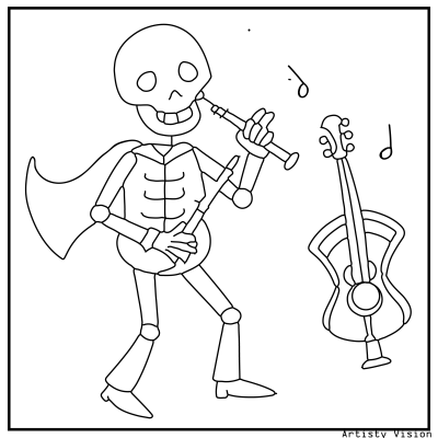 Skeleton band coloring page with skeletons playing musical instruments. Halloween coloring page