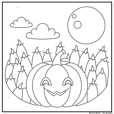 Pumpkin field coloring page under a spooky full moon. Halloween coloring page