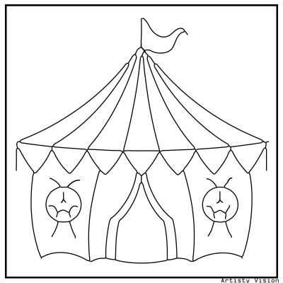 Haunted carnival coloring page with a spooky carnival tent. Halloween coloring page
