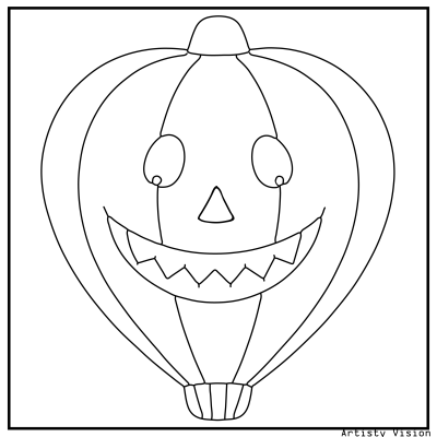 Pumpkin hot air balloon coloring page floating in the sky. Halloween coloring page