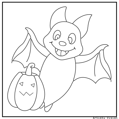 Bat coloring page with a bat carrying a trick-or-treat bag. Halloween coloring page