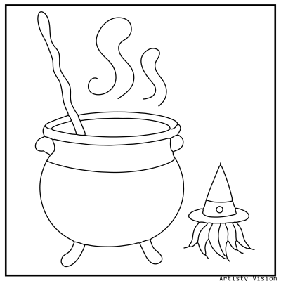 Witch broom coloring page with a broom leaning against a cauldron. Halloween coloring page