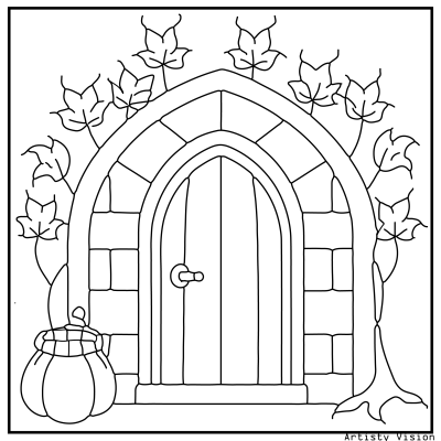 Magic doorway coloring page with a spooky vine-covered door. Halloween coloring page