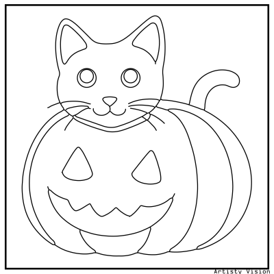 Black cat in pumpkin coloring page for Halloween. Halloween coloring page