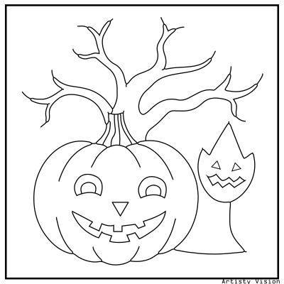 Jack-o’-lantern tree coloring page with pumpkins hanging from branches. Halloween coloring page