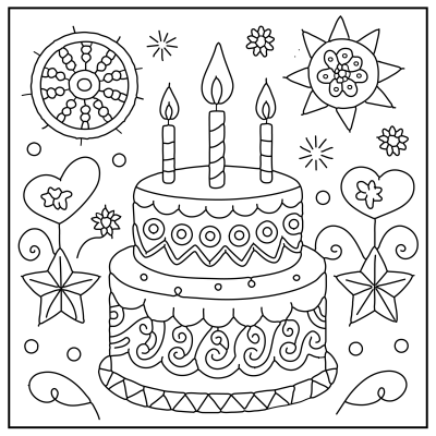 A decorative birthday cake with three candles, surrounded by hearts, stars, and floral designs, all in black and white outline. Happy Birthday coloring Pages.