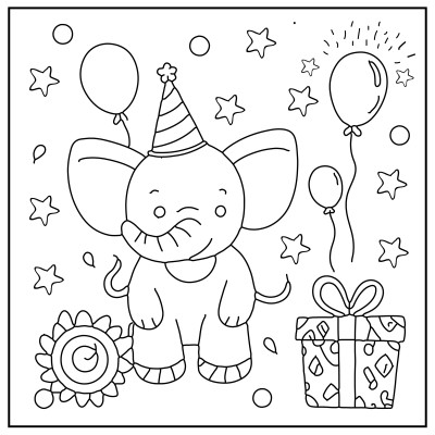 A cute cartoon elephant wearing a party hat, surrounded by balloons, stars, and a gift, ready for a celebration. Happy Birthday coloring Pages.