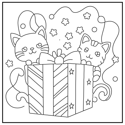 Two cute cats peek out of a decorated gift box, surrounded by whimsical stars and swirls. A playful and festive scene. Happy Birthday coloring Pages.