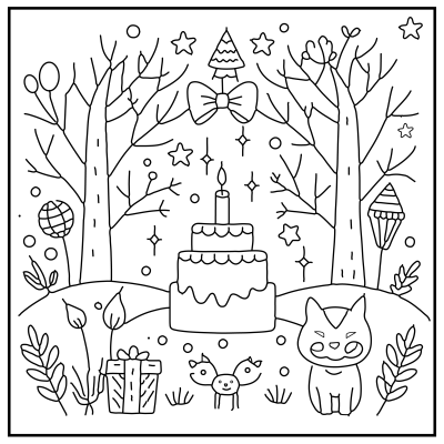 A festive scene featuring a birthday cake, gift, cute cat, and whimsical decorations like trees, balloons, and stars, all in black and white. Happy Birthday coloring Pages.