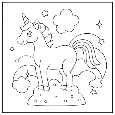 A line drawing of a cheerful unicorn standing on cloud, surrounded by stars, rainbows, and fluffy clouds. Happy Birthday coloring Pages.