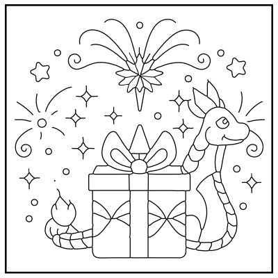 A friendly dragon sits beside a gift adorned with a bow, surrounded by fireworks and twinkling stars in a celebratory scene. Happy Birthday coloring Pages.