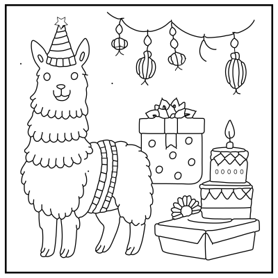 A festive llama wearing a party hat stands beside wrapped gifts and a birthday cake, with decorative lanterns above. Happy Birthday coloring Pages.