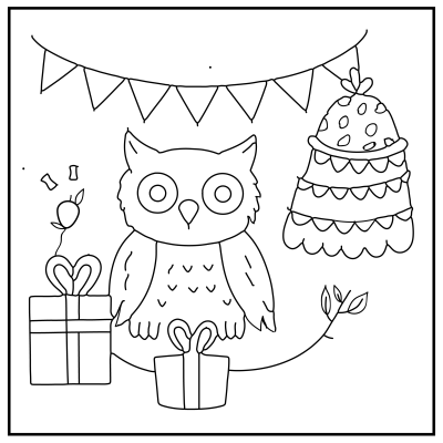 A playful owl stands between two wrapped gifts, decorated with a festive bunting and a cake, in a cheerful coloring book design. Happy Birthday coloring Pages.