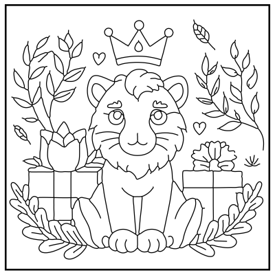 A cute lion cub wearing a crown surrounded by gifts, flowers, and leaves, with playful hearts and a whimsical design. Happy Birthday coloring Pages.