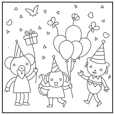 Three cartoon animals in party hats: a koala with a gift, an elephant with balloons, and a bear waving, surrounded by festive decorations. Happy Birthday coloring Pages.