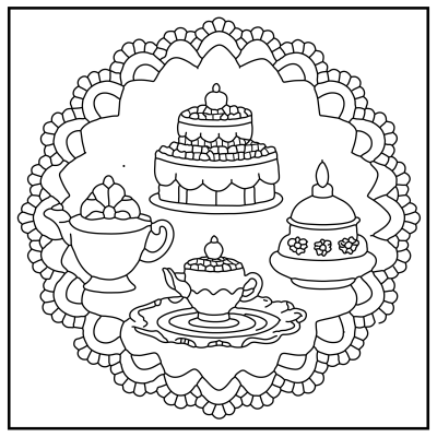 A decorative illustration featuring three ornate desserts and a teacup, surrounded by an elaborate lace pattern. Happy Birthday coloring Pages.