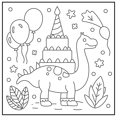 A cheerful dinosaur wearing a party hat carries a festive cake, surrounded by balloons, stars, and leaves in a playful, outlined scene. Happy Birthday coloring Pages.