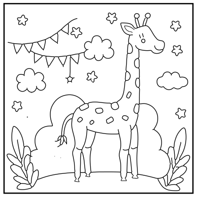 A playful outline drawing of a giraffe surrounded by clouds, stars, and decorative bunting, set in a whimsical landscape. Happy Birthday coloring Pages.