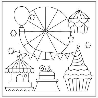 Line art illustration featuring a funfair scene with a ferris wheel, cupcakes, a birthday cake, a balloon, and festive decorations. Happy Birthday coloring Pages.
