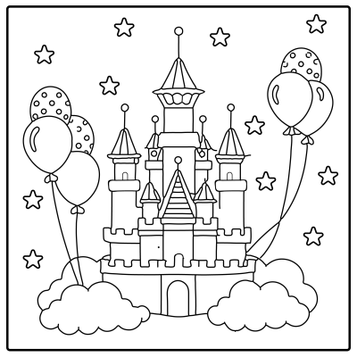 A detailed line drawing of a whimsical castle surrounded by balloons, stars, and fluffy clouds, perfect for coloring. Happy Birthday coloring Pages.