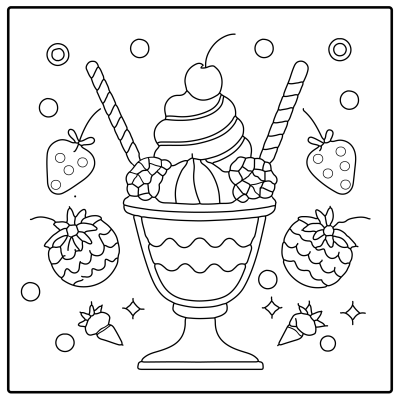 A detailed outline of an ice cream sundae topped with a cherry, surrounded by strawberries, cones, and decorative elements. Happy Birthday coloring Pages.