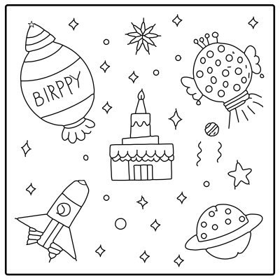 A whimsical illustration featuring a birthday cake, balloons, a rocket, planets, and stars, all in a playful, doodle style. Happy Birthday coloring Pages.