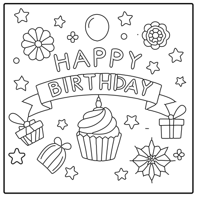 Black and white line art featuring a birthday theme with a cupcake, gifts, flowers, stars, and "Happy Birthday" lettering. Happy Birthday coloring Pages.