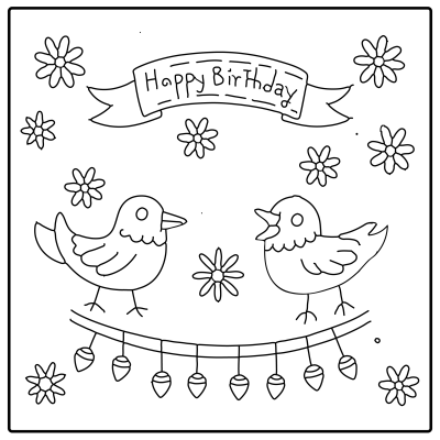 Two cartoon birds surrounded by flowers celebrate with a "Happy Birthday" banner above them. Simple black outline design for coloring. Happy Birthday coloring Pages.