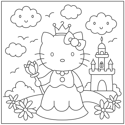 A line drawing of a princess cat with a crown, holding a flower, surrounded by clouds, birds, and a castle in a whimsical landscape. Hello Kitty Coloring Pages.