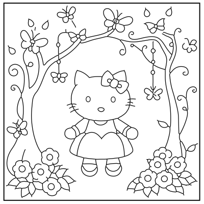 A line art illustration of a cute cat character with a bow, surrounded by trees, flowers, and butterflies. Perfect for coloring. Hello Kitty Coloring Pages.