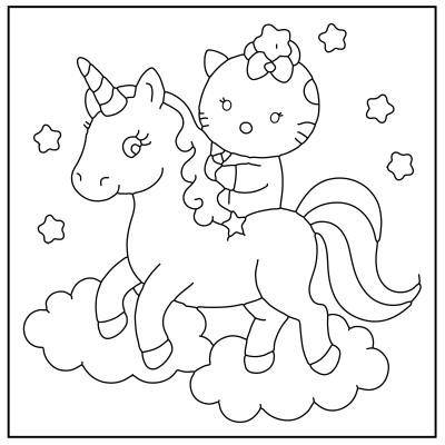 A cartoon cat with a bow rides a unicorn on fluffy clouds, surrounded by star shapes. The image is outlined for coloring. Hello Kitty Coloring Pages.