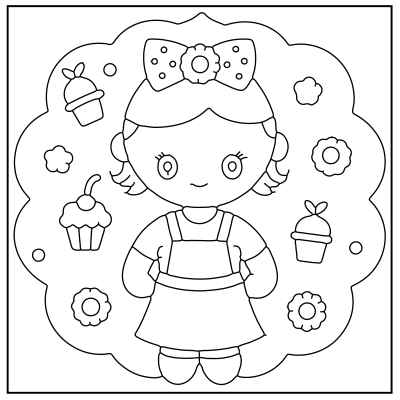 A cute girl with a big bow stands surrounded by desserts like cupcakes and ice cream cones, set in a playful, whimsical design. Hello Kitty Coloring Pages.